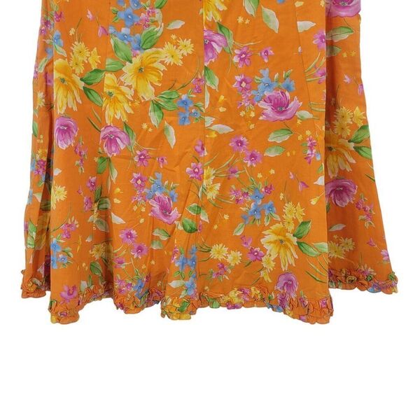 Vintage 90s Skirt 12 Orange Floral Cotton Paneled Tea Length A-line Ruffle Hem - Picture 6 of 10